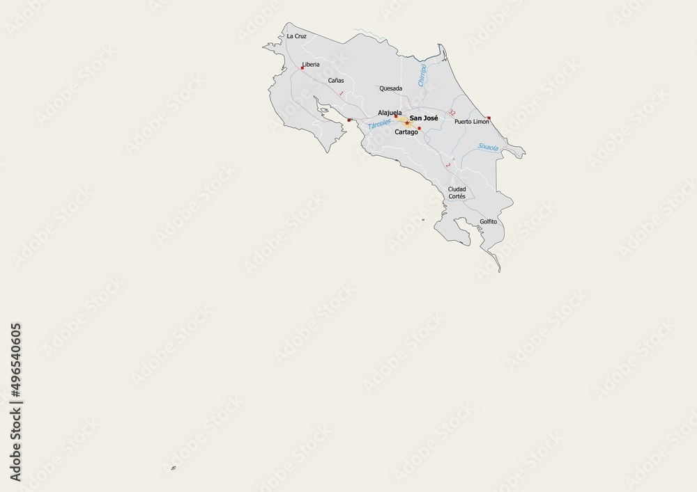 Isolated map of Costa Rica with capital, national borders, important cities, rivers,lakes. Detailed map of Costa Rica suitable for large size prints and digital editing.