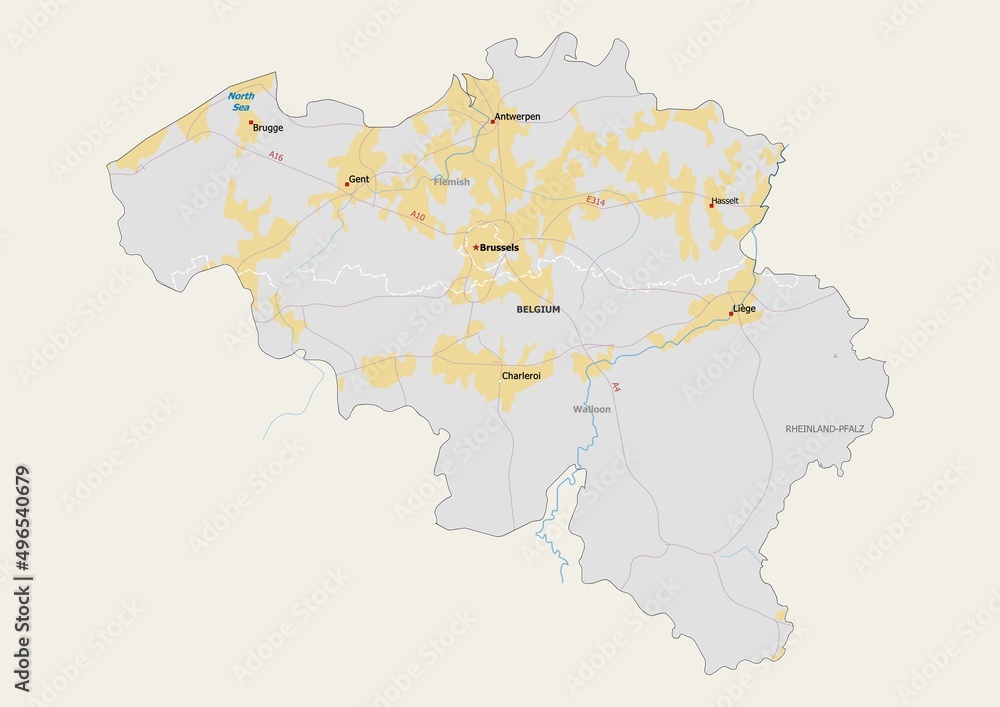 Isolated map of Belgium with capital, national borders, important cities, rivers,lakes. Detailed map of Belgium suitable for large size prints and digital editing.