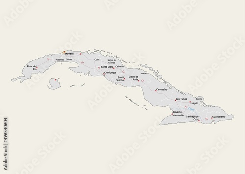 Photography Isolated map of Cuba with capital, national borders, important cities, rivers,lakes