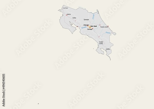 Isolated map of Costa Rica with capital, national borders, important cities, rivers,lakes. Detailed map of Costa Rica suitable for large size prints and digital editing. photo