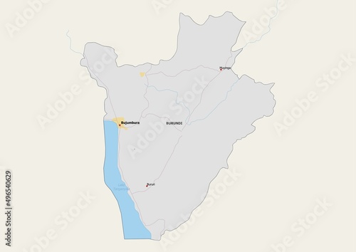 Isolated map of Burundi with capital  national borders  important cities  rivers lakes. Detailed map of Burundi suitable for large size prints and digital editing.