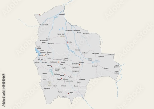 Isolated map of Bolivia with capital, national borders, important cities, rivers,lakes. Detailed map of Bolivia suitable for large size prints and digital editing. photo