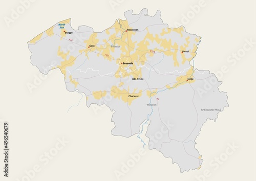 Isolated map of Belgium with capital, national borders, important cities, rivers,lakes. Detailed map of Belgium suitable for large size prints and digital editing. photo