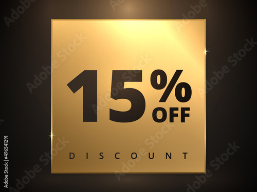 15 off discount banner. Special offer sale 15 percent off. Sale discount offer. Luxury promotion banner fifteen percent discount in golden square and black background. Vector illustration