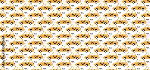 Yellow taxi cars seamless pattern, minimalist flat style, auto service concept