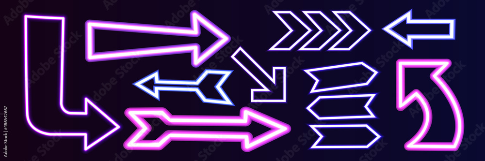 Neon light arrow or purple glow sign for direction vector illustration ...