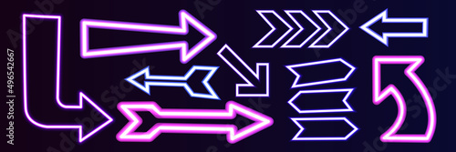 Neon light arrow or purple glow sign for direction vector illustration set. Shine information element, navigation pointer, bright graphic object. Previous next left right up down button. Ui interface