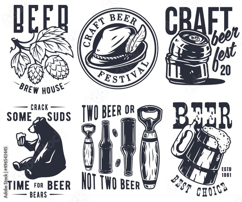 Craft beer brewery emblem set with hops seed, bavarian hat and bear with mug of beer