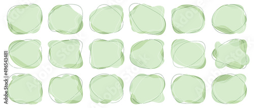 Green organic blob shape with irregular form abstract linear vector illustration. Random oval figure with line, asymmetric spot, round amoeba blot. Set of contemporary eco bubble blotch background