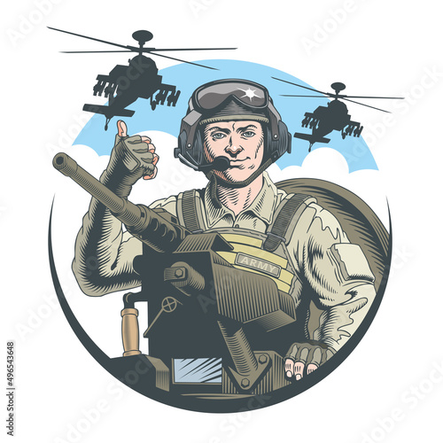 Tank commander or gunner in the turret of a tank. Combatant in an armored truck. Vector illustration.