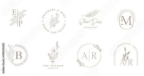 Elegant, botanique logo collection, hand drawn illustrations of flowers, leaves and twig, delicate and minimal monogram design