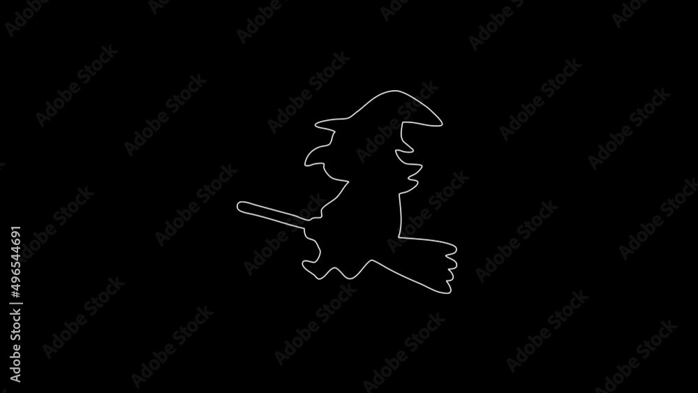 white linear witch on a broom silhouette. the picture appears and disappears on a black background.
white linear witch on a broom silhouette. the picture appears and disappears on a black background.