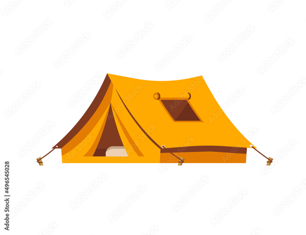 Camping Tent vector illustration. Tent in yellow, orange. Isolated Outdoor illustration. Hiking, hunting, fishing canvas. Tourist Tent design over white background.