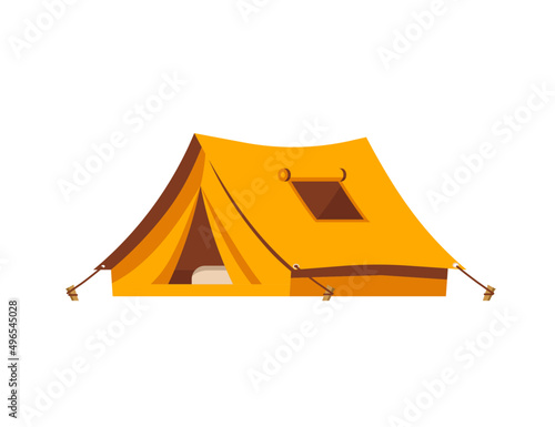 Camping Tent vector illustration. Tent in yellow, orange. Isolated Outdoor illustration. Hiking, hunting, fishing canvas. Tourist Tent design over white background.