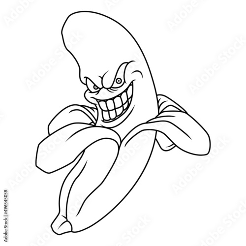 Coloring illustration of fierce faced cartoon banana