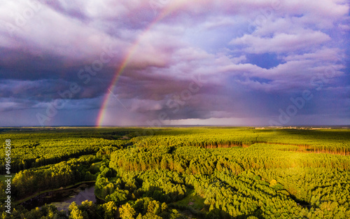 Rainbow over forest area, Poland. Aerial view