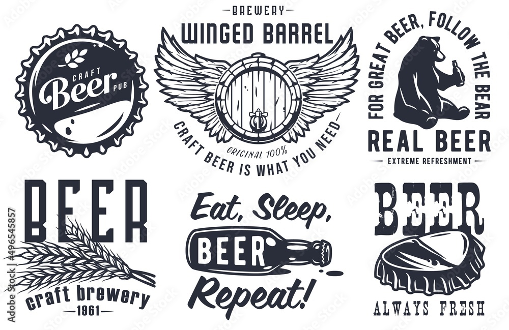 Fototapeta premium Craft beer brewery emblem set with cork and barrel, barley and bear with bottle of beer