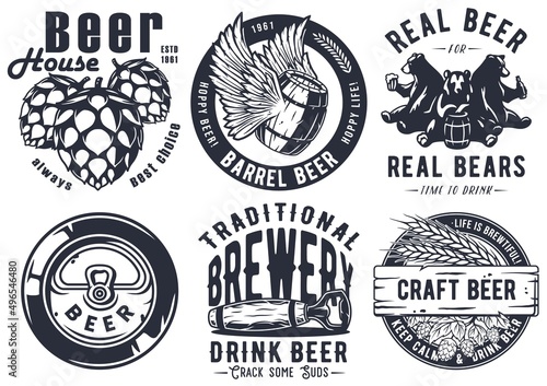 Craft beer brewery emblem set with hops seed and bears, can and barrel