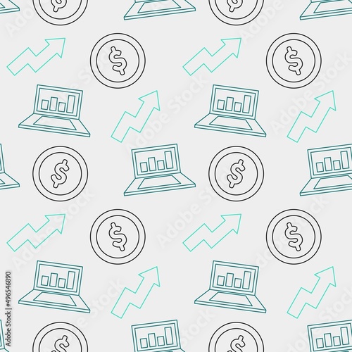 Stock market trading seamless pattern, money investment endless background template, earning crypto currency exchange icons repetitive vector illustration design, valuta repeat doodle style wallpaper