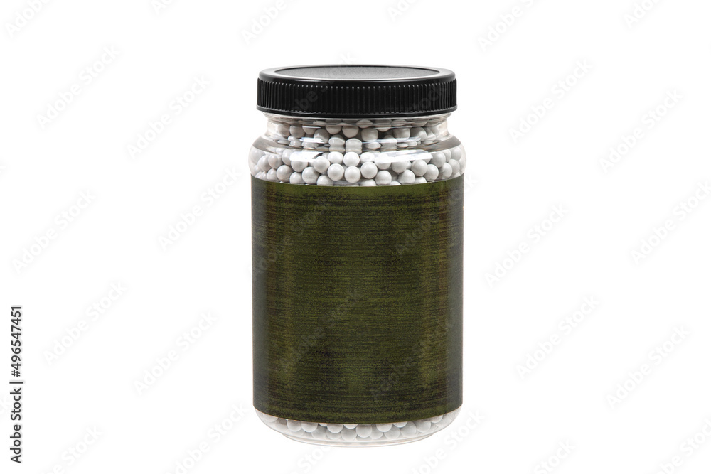 A can of white plastic balls for firing airguns. Air soft ammunition. Isolate on a white back. A can of white plastic balls for firing airguns. Air soft ammunition. Isolate on a white back.