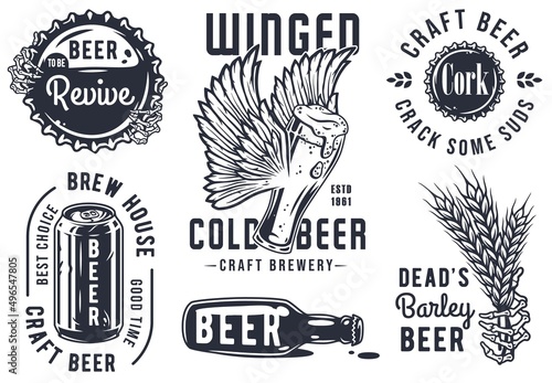 Craft beer brewery emblem set with cork and barrel, barley and bear with bottle of beer