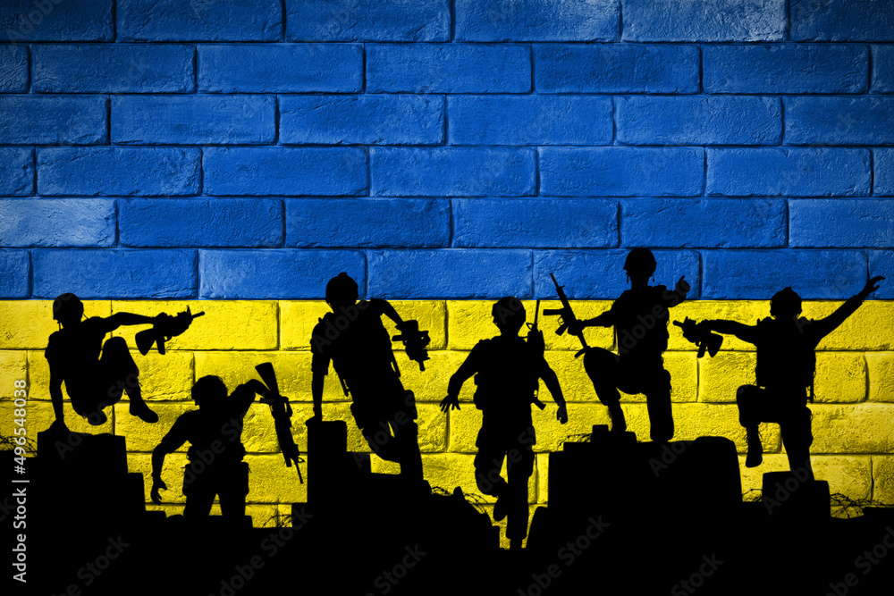 Flaga Ukrainy namalowana na ceglanym murze. The flag of Ukraine painted on a brick wall. - obrazy, fototapety, plakaty 