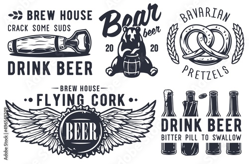 Craft beer brewery emblem set with cork and barrel, bavarian pretzel and bear with bottle of beer