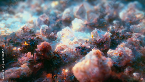 Fantasy world of precious magical crystal garden. Abstract blue and orange crystal, jewel, shiny treasure macro background.