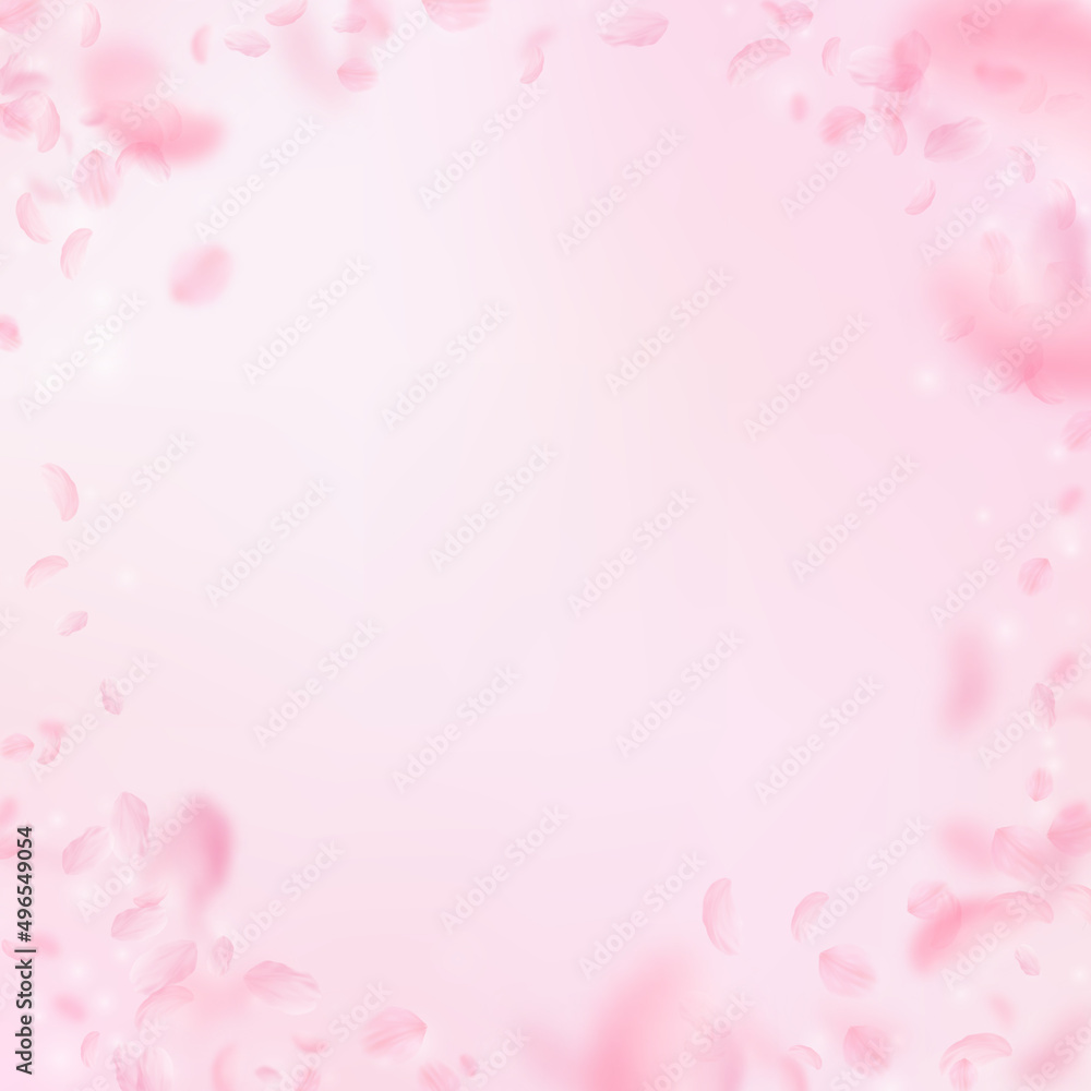 Sakura petals falling down. Romantic pink flowers vignette. Flying petals on pink square background. Love, romance concept. Excellent wedding invitation.