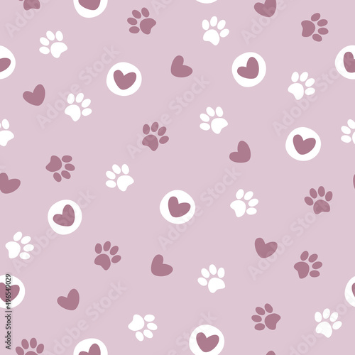 Pet paw seamless pattern.Vector illustration with pet paw and hearts. It can be used for wallpapers, wrapping, cards, patterns for clothes and other.