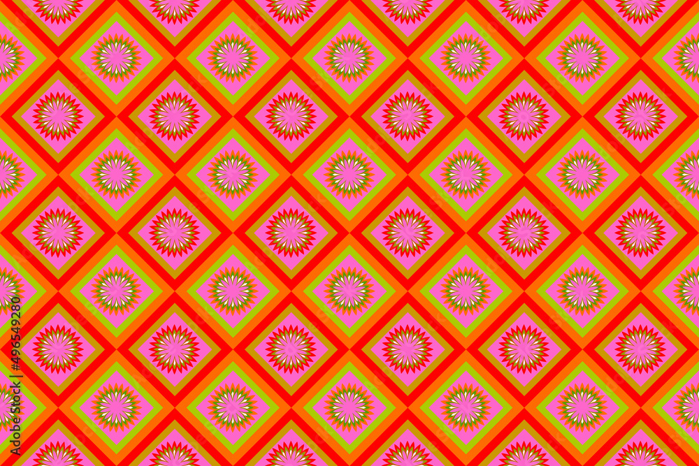 Seamless geometric ethnic fabric pattern, pink orange floral pattern, Thai fabric design, carpet, wallpaper, curtain, cushion, clothing, wrap, batik