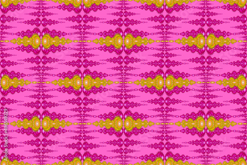 Seamless retro ethnic fabric pattern,purple and gold floral pattern,for fabric print,batik,wallpaper,curtain,cushion,clothing,wrap,pink background