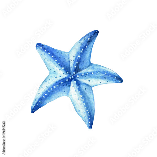 Blue starfish. Underwater life object isolated on white background. Hand drawn watercolor illustration.