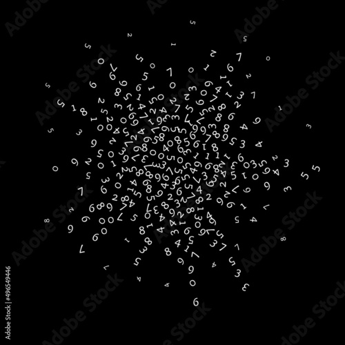 Falling numbers, big data concept. Binary white random flying digits. Unequaled futuristic banner on black background. Digital vector illustration with falling numbers.