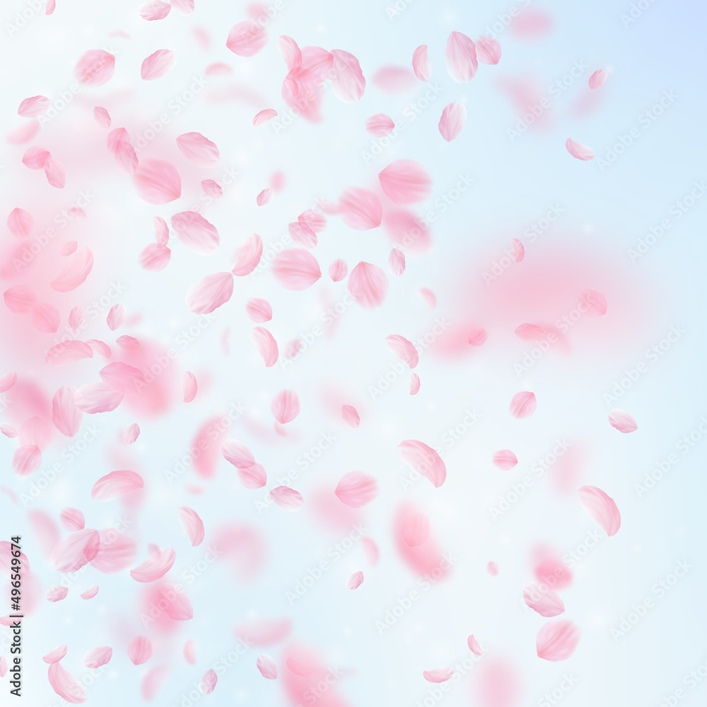 Sakura petals falling down. Romantic pink flowers gradient. Flying petals on blue sky square background. Love, romance concept. Astonishing wedding invitation.