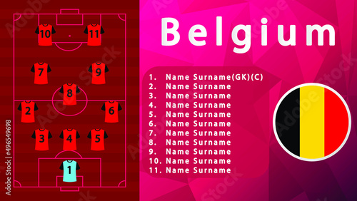 Belgium National Football Team Formation on Football Field.Belgium Football line-up on Pitch.Soccer tournamet Vector country flags.Vector design.Team formation.Starting lineup.Tactic.Soccer.Football 