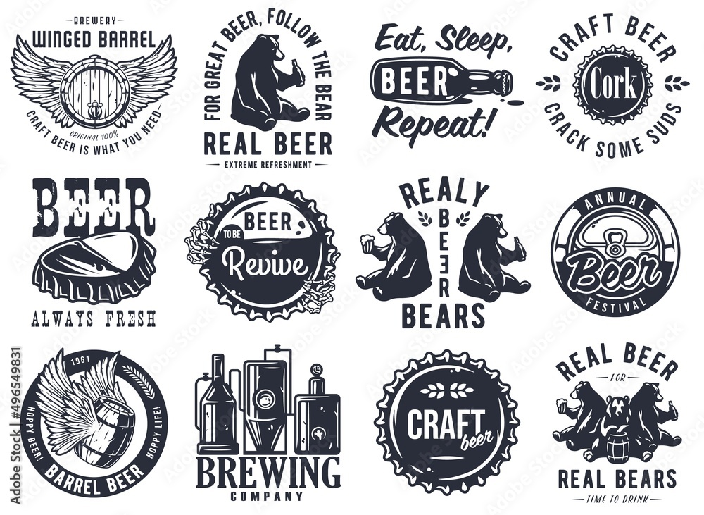 Fototapeta premium Craft beer brewery emblem set with hops seed, bavarian hat and bear with mug of beer