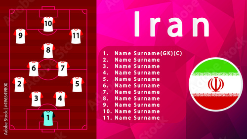 Iran National Football Team Formation on Football Field.Iran Football line-up on Pitch.Soccer tournamet Vector country flags.Vector design.Team formation.Starting lineup.Tactic.Soccer.Football 