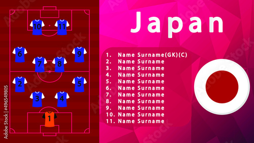 Japan National Football Team Formation on Football Field.Japan Football line-up on Pitch.Soccer tournamet Vector country flags.Vector design.Team formation.Starting lineup.Tactic.Soccer.Football 