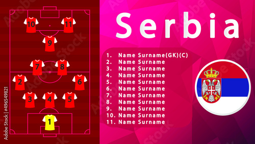 Serbia National Football Team Formation on Football Field.Serbia Football line-up on Pitch.Soccer tournamet Vector country flags.Vector design.Team formation.Starting lineup.Tactic.Soccer.Football 
