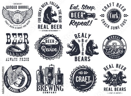 Craft beer brewery emblem set with hops seed, bavarian hat and bear with mug of beer