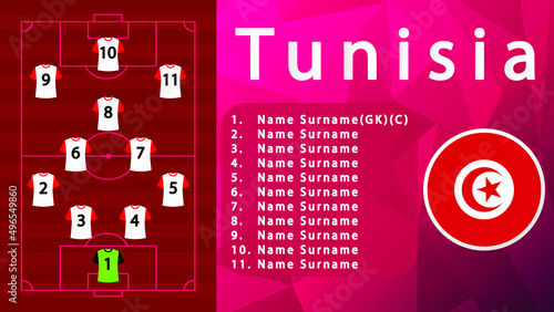 Tunisia National Football Team Formation on Football Field.Tunisia Football line-up on Pitch.Soccer tournamet Vector country flags.Vector design.Team formation.Starting lineup.Tactic.Soccer.Football 