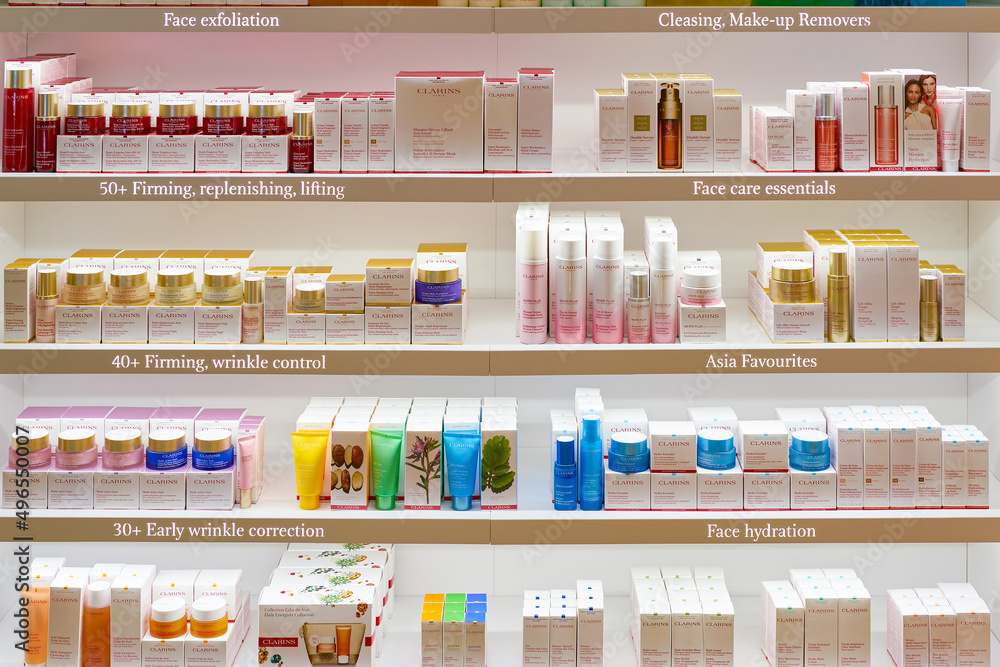 ROME, ITALY CIRCA NOVEMBER, 2017 Clarins beauty products sit on