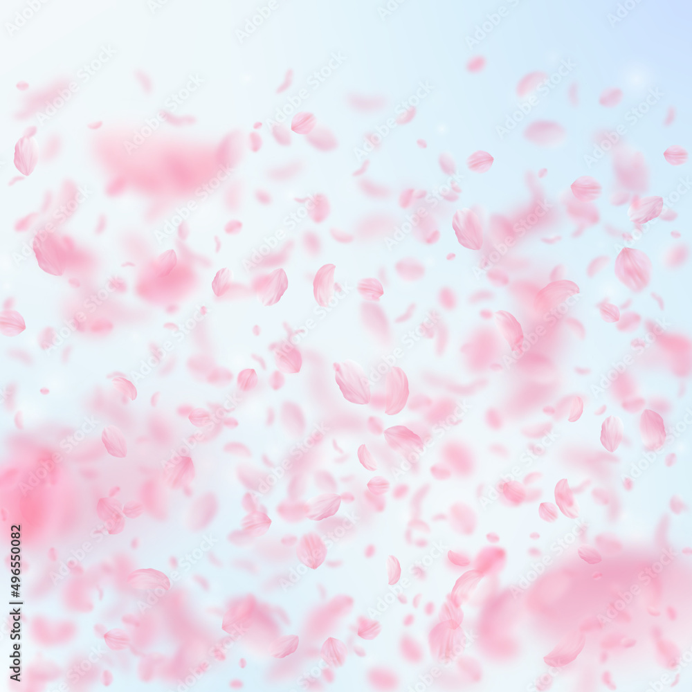 Sakura petals falling down. Romantic pink flowers gradient. Flying petals on blue sky square background. Love, romance concept. Shapely wedding invitation. Sakura petals falling down. Romantic pink flowers gradient. Flying petals on blue sky square background. Love, romance concept. Shapely wedding invitation.