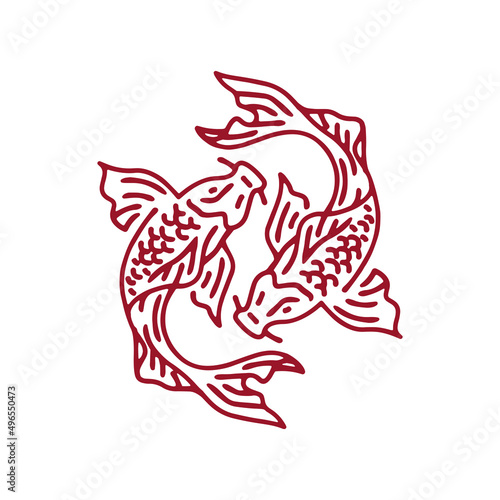 goldfish koi, yin yang illustration in line ink style design