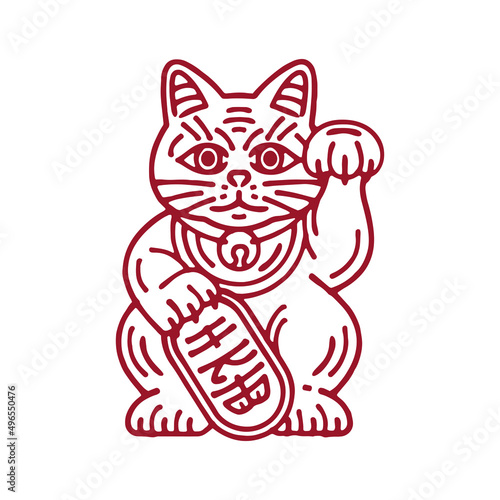 Maneki neko Japanese cat line ink vector illustration