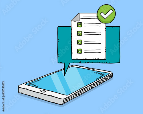 Hand drawn doodle vector illustration of checklist with all good answers on mobile screen