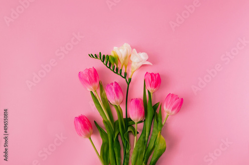 Fototapeta Naklejka Na Ścianę i Meble -  A fresh romantic floral composition made of pink tulips and a white freesia on pink background. Elegant concept for spring banner or card or annoucement. Flat lay