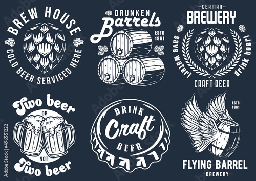 Craft beer brewery emblem set with hops seed, bavarian hat and bear with mug of beer
