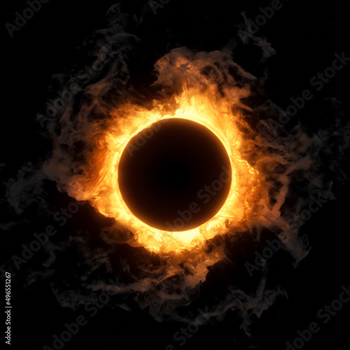 A blazing ring of fire. Fiery flames and sparks emitting from a circle ring explosion. inferno plasma with center copy space.